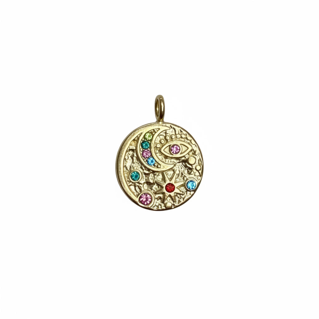 Decorative pendant with colorful gemstones on a white background