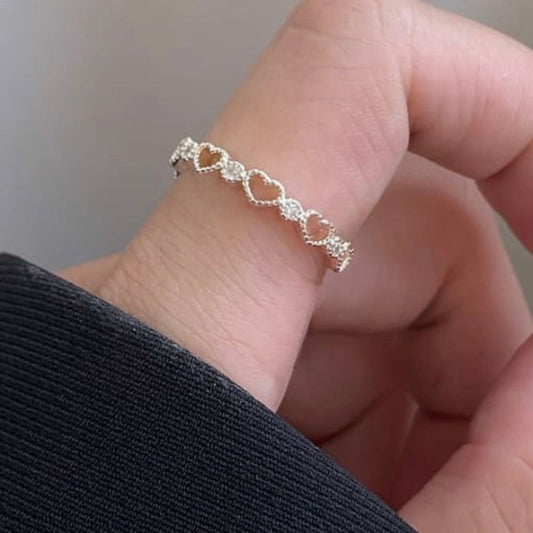Sterling Silver Heart and Cubic Zirconia Stacker Ring - Adjustable