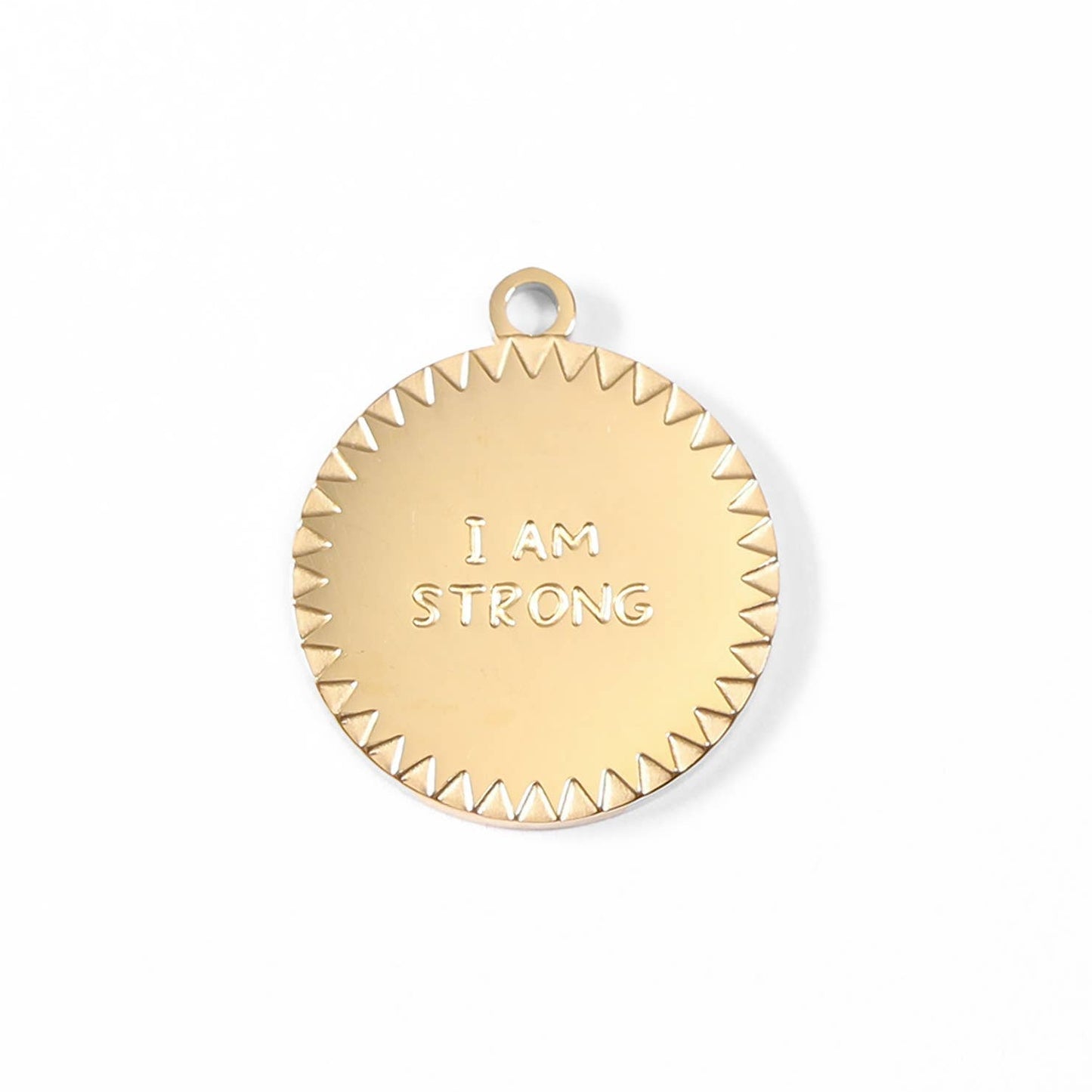 Gold pendant with 'I AM STRONG' engraving on a white background