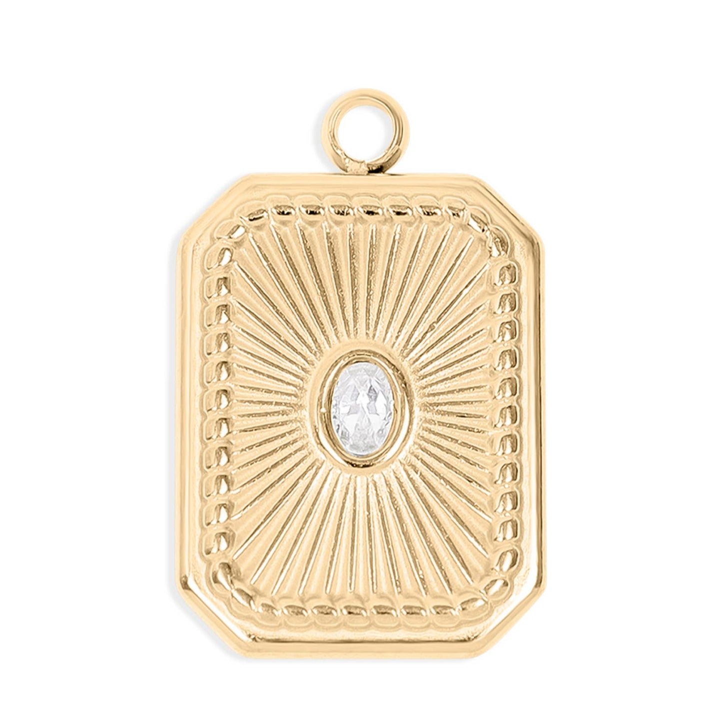 Gold pendant with a central gemstone on a white background
