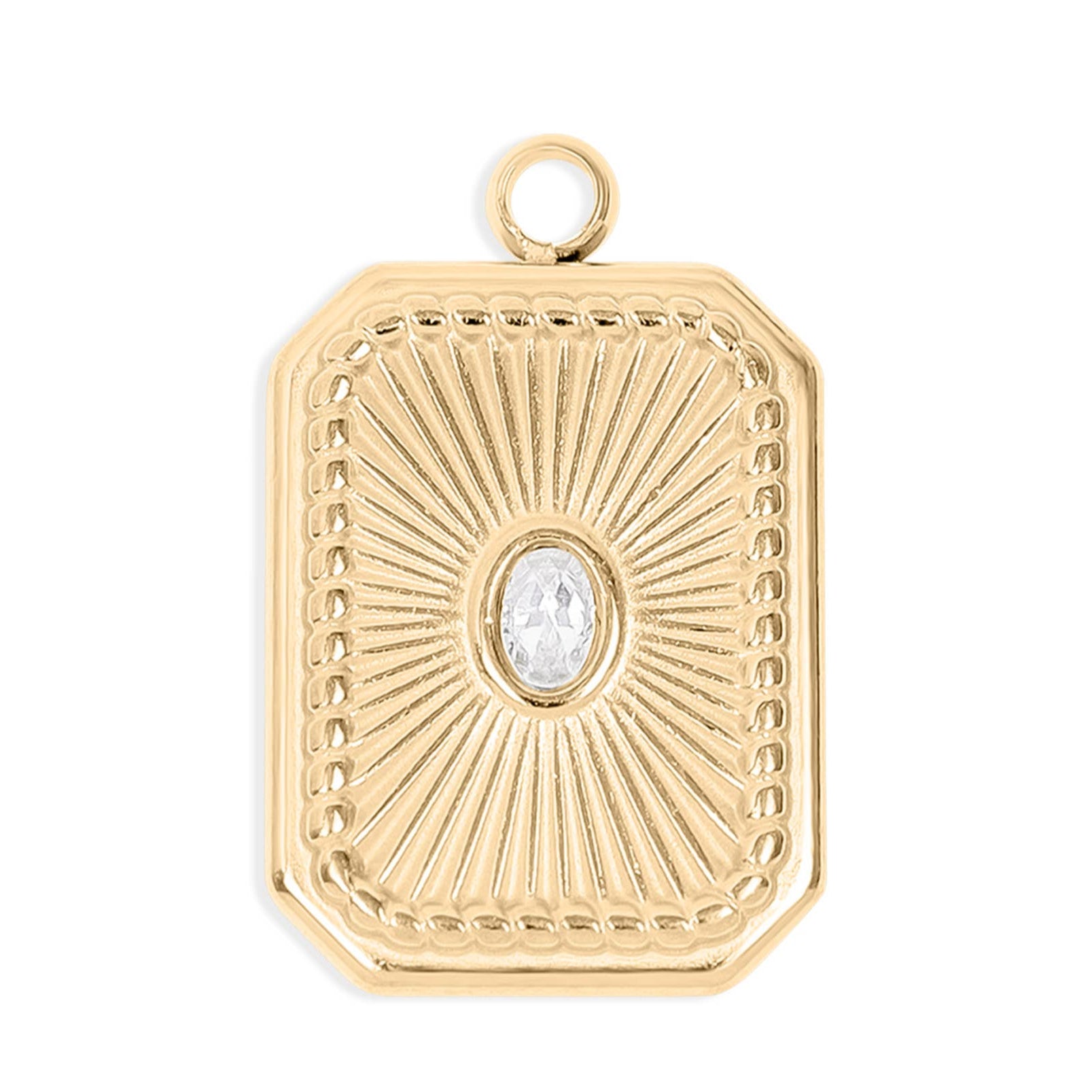 Gold pendant with a central gemstone on a white background
