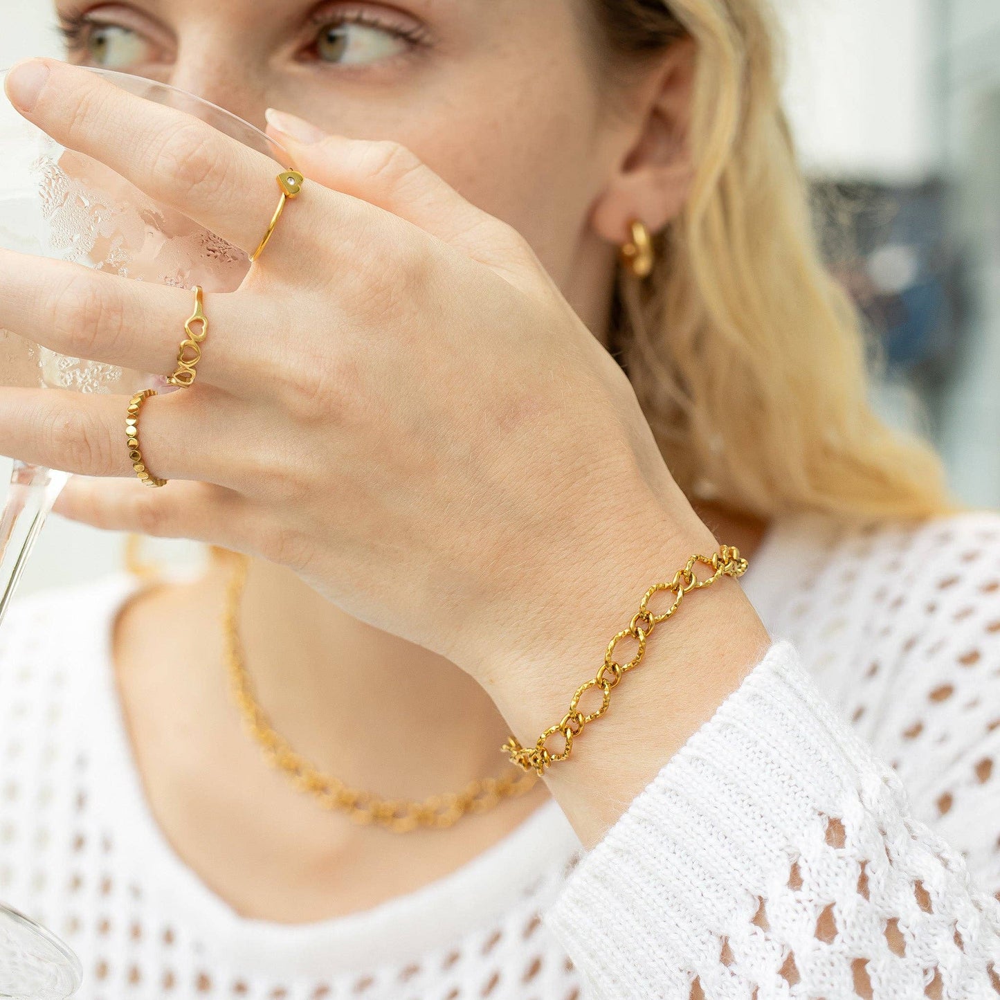 Hammered Oval Chain Bracelet Silver
