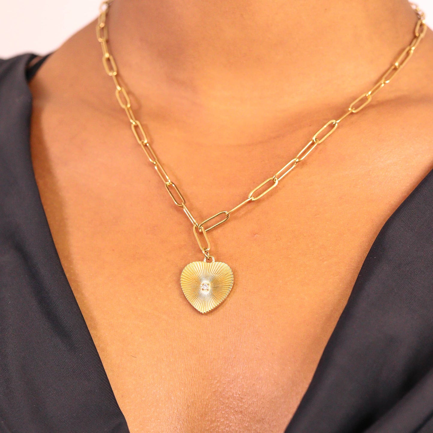 Sunburst cubic zirconia Heart Paperclip Pendant Necklace