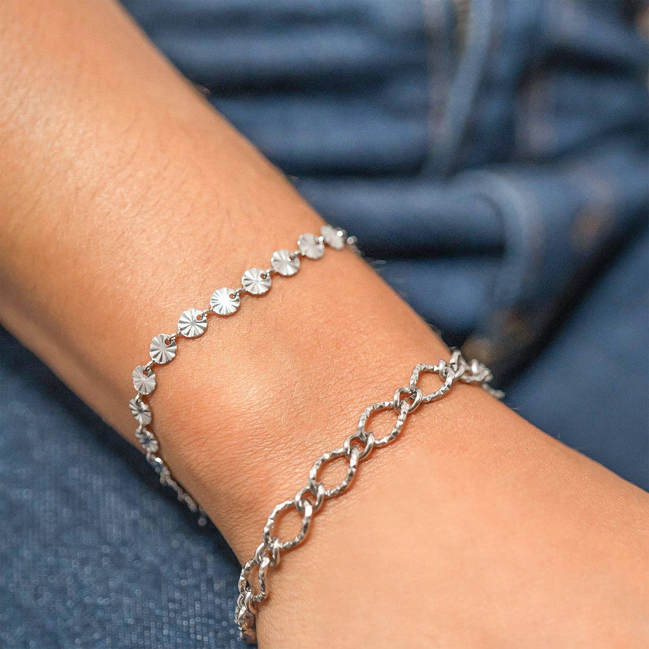 Hammered Oval Chain Bracelet Silver