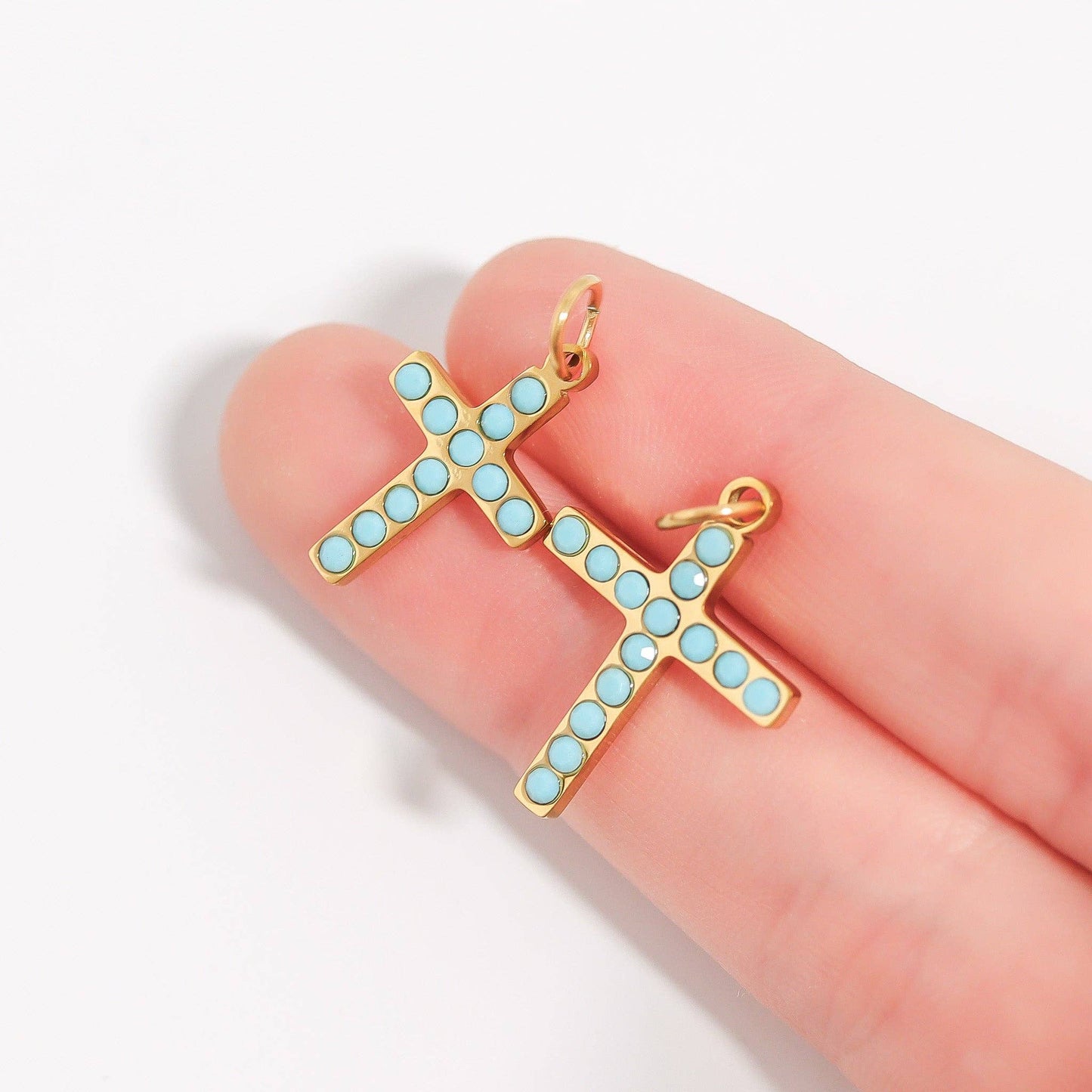 Turquoise Stone Cross Charm 18K gold finish