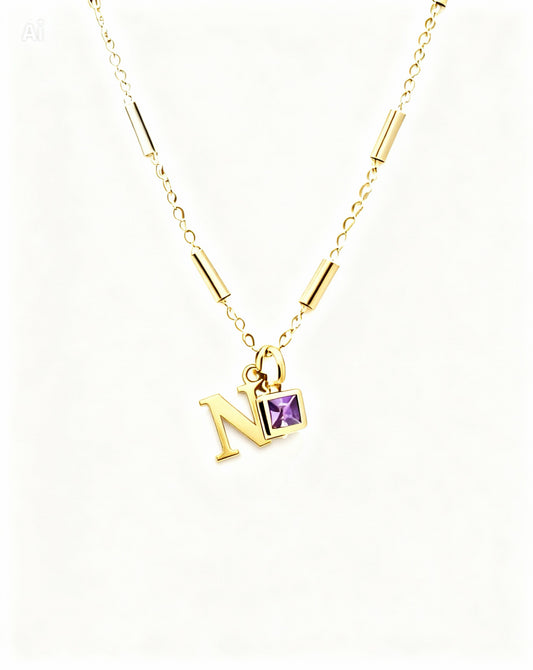 February Birthstone & Initial Necklace - Amethyst