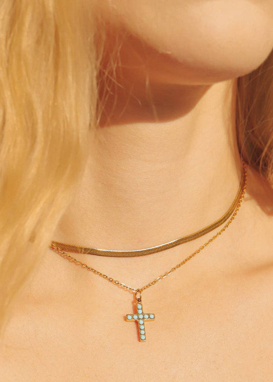 Turquoise Stone Cross Charm 18K gold finish