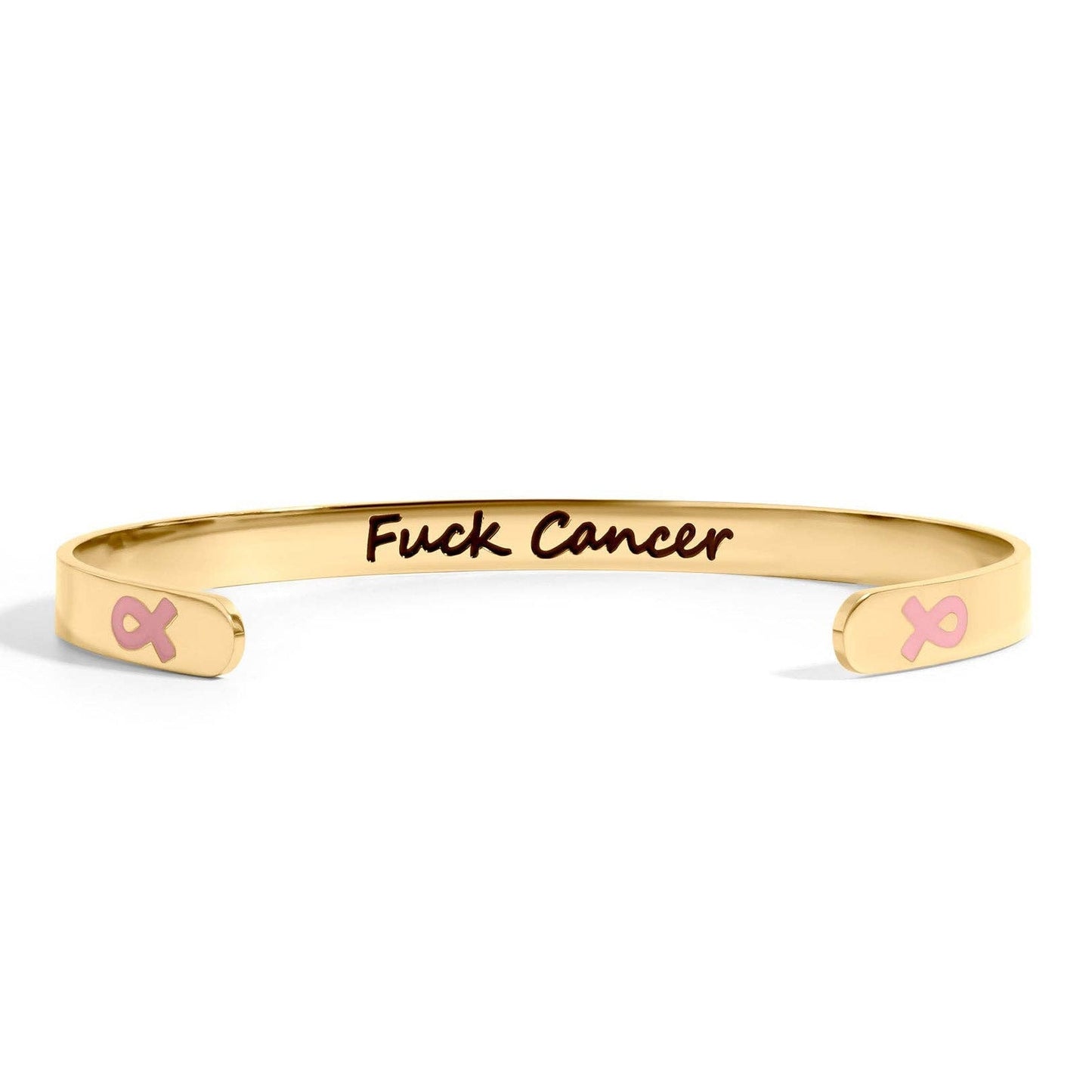 Gold bracelet with 'Fuck Cancer' text and pink cancer awareness ribbons on a white background