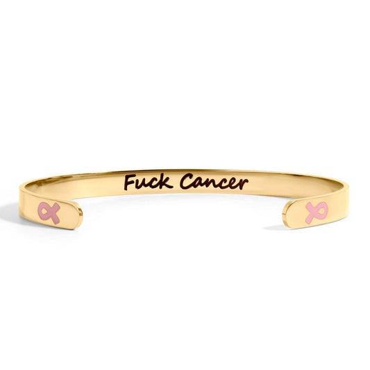 Gold bracelet with 'Fuck Cancer' text and pink cancer awareness ribbons on a white background