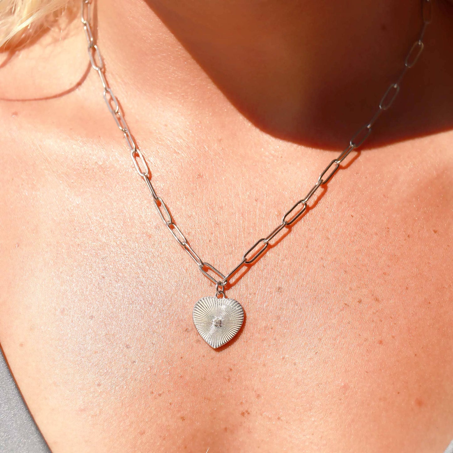 Sunburst cubic zirconia Heart Paperclip Pendant Necklace