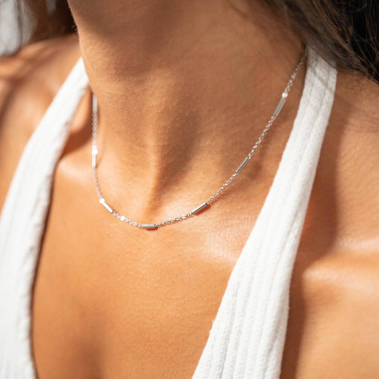 18K Gold & Silver PVD Stainless Steel Satellite Bar Chain Necklace comes in two lengths - Matching Bracelet available