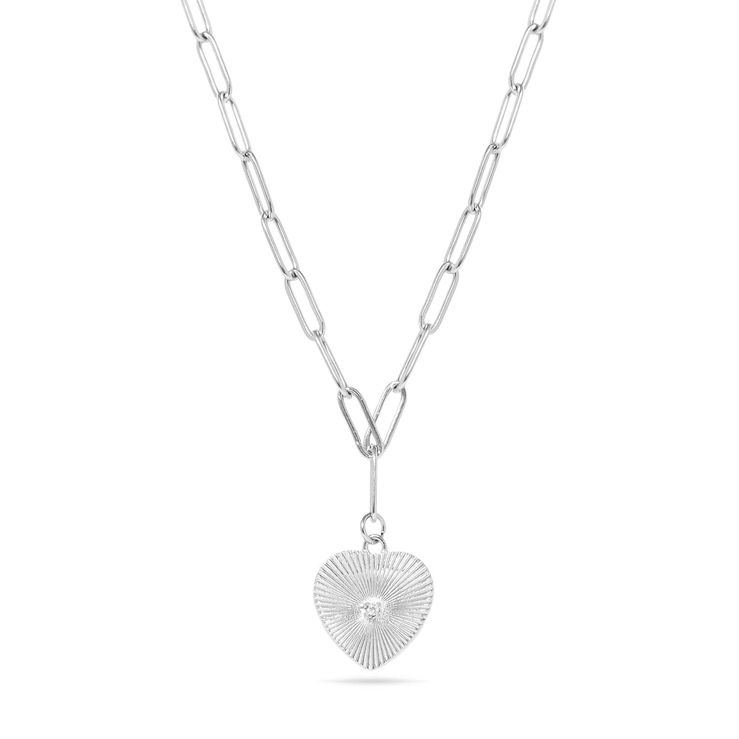 Sunburst cubic zirconia Heart Paperclip Pendant Necklace