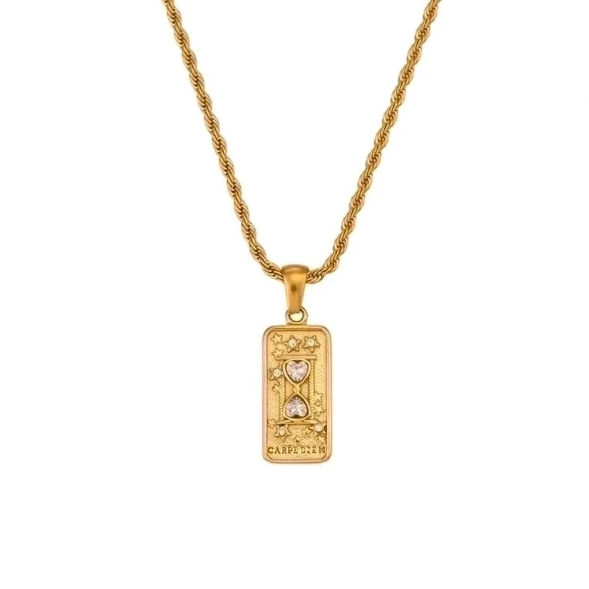Gold necklace with a rectangular pendant on a white background