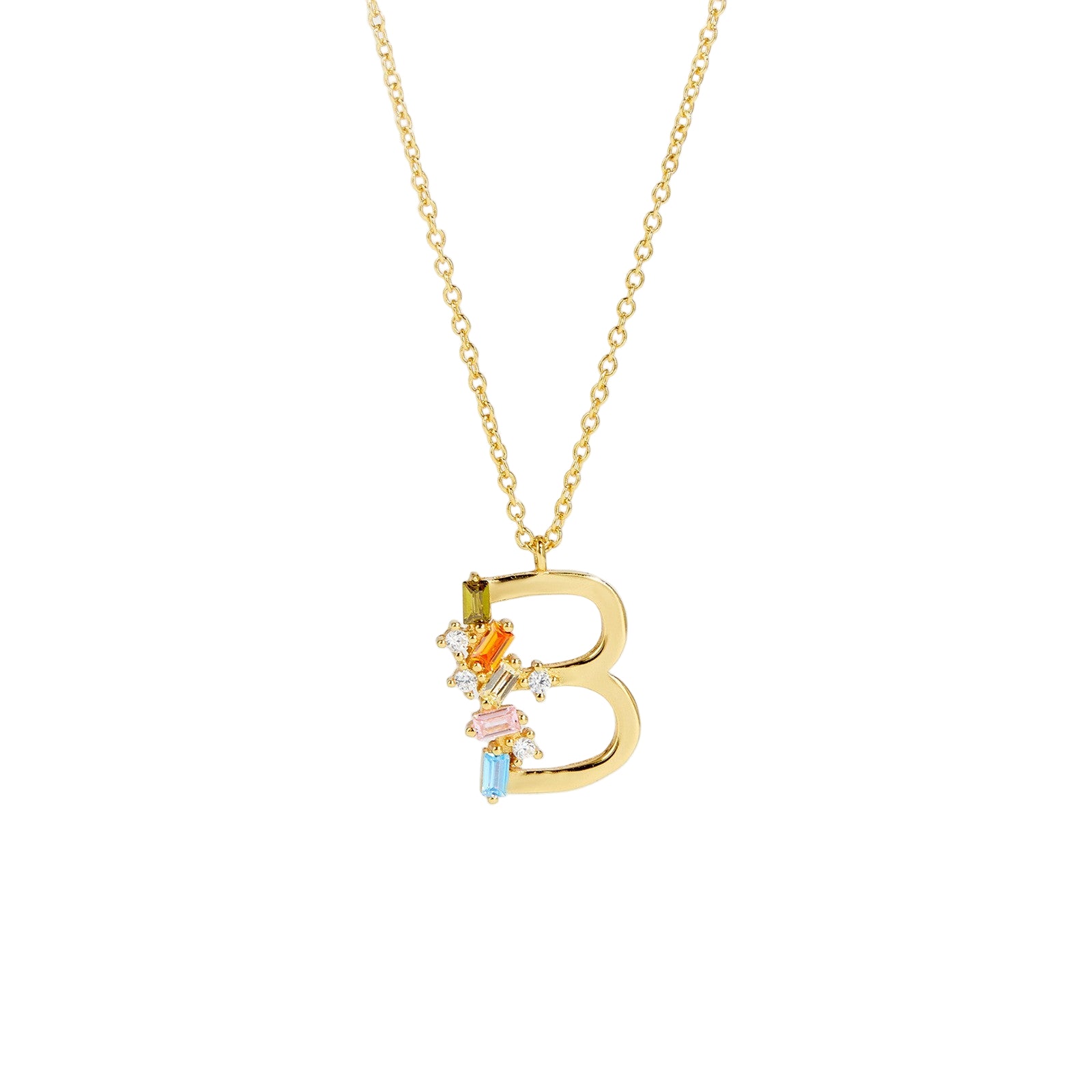 Gold necklace with a 'B' pendant featuring colorful stones on a light gray background