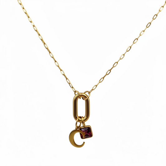 Gold necklace with a unique pendant on a white background