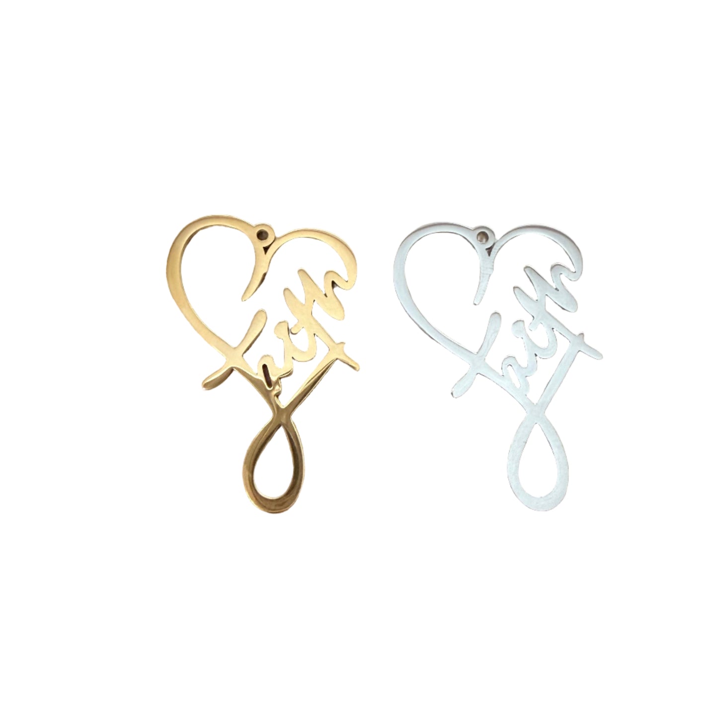 Gold and silver heart-shaped 'Love' pendants on a white background