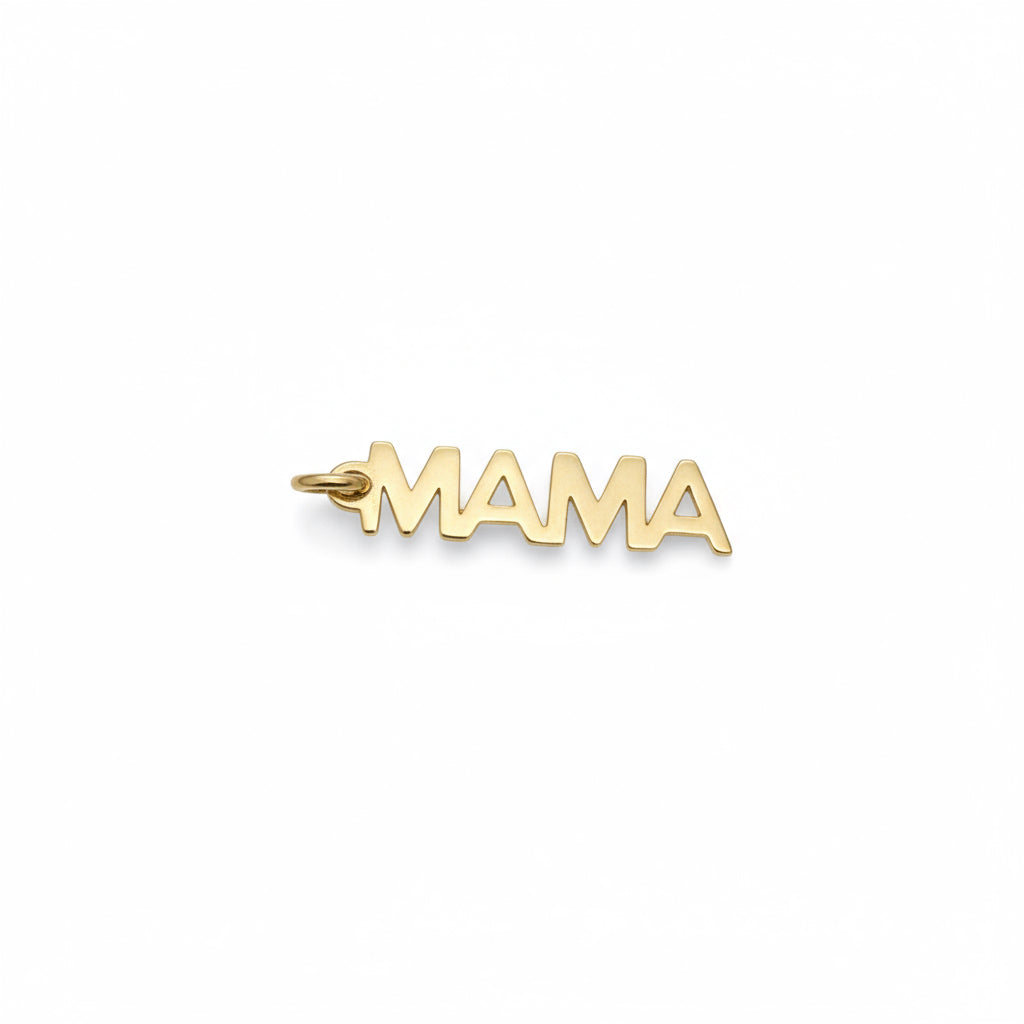 Gold 'MAMA' charm on a white background