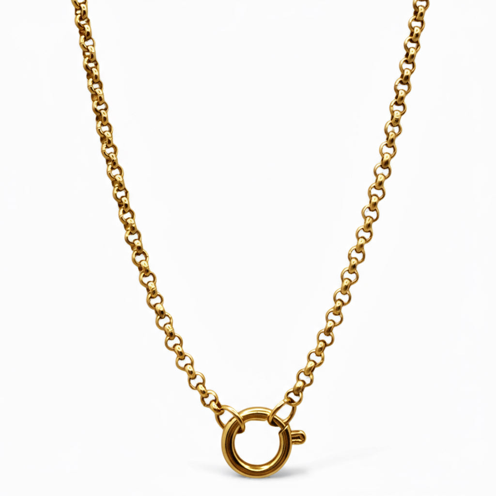 Gold necklace with a clasp on a white background
