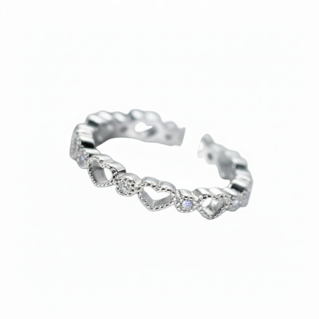 Sterling Silver Heart and Cubic Zirconia Stacker Ring - Adjustable