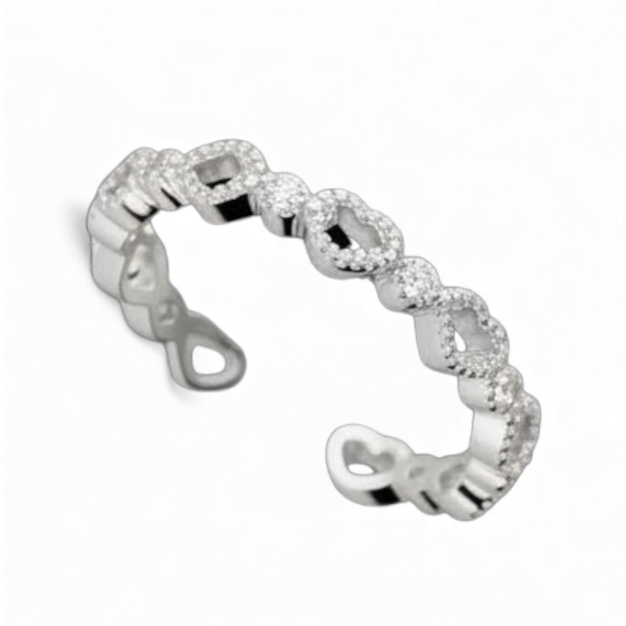 Sterling Silver Heart and Cubic Zirconia Stacker Ring - Adjustable