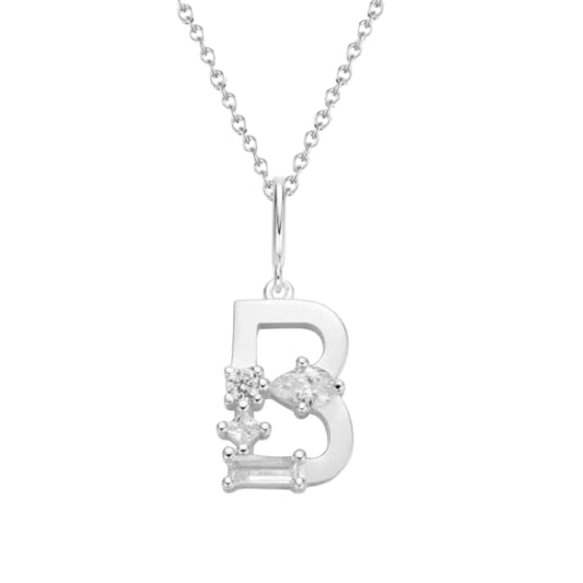 Silver necklace with a 'B' pendant on a white background