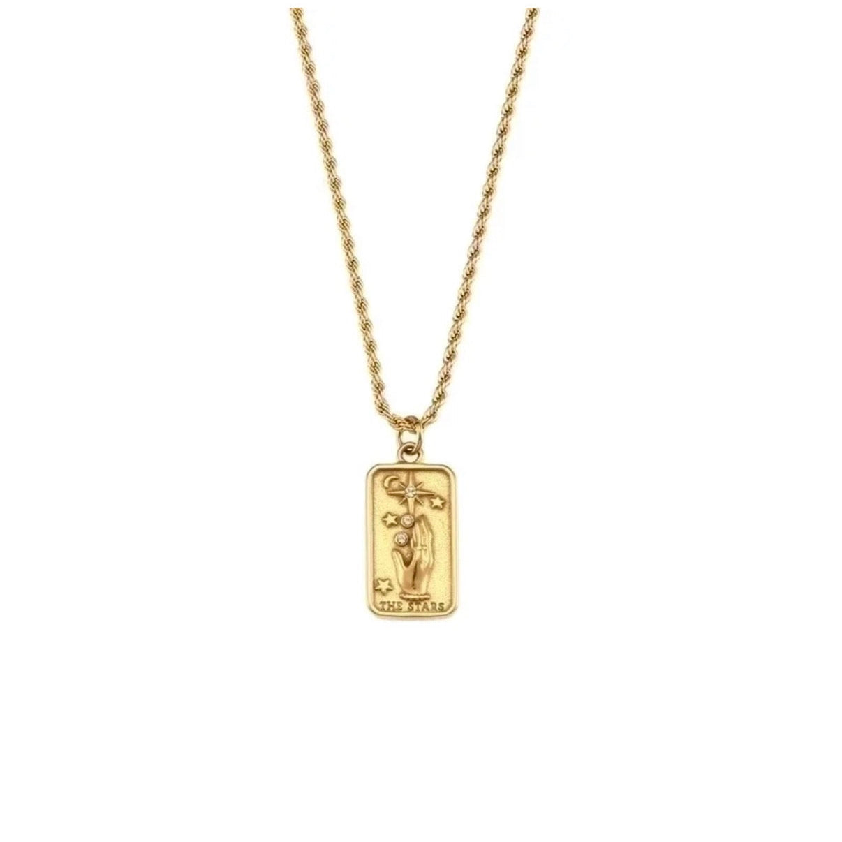 Gold necklace with a rectangular pendant on a white background