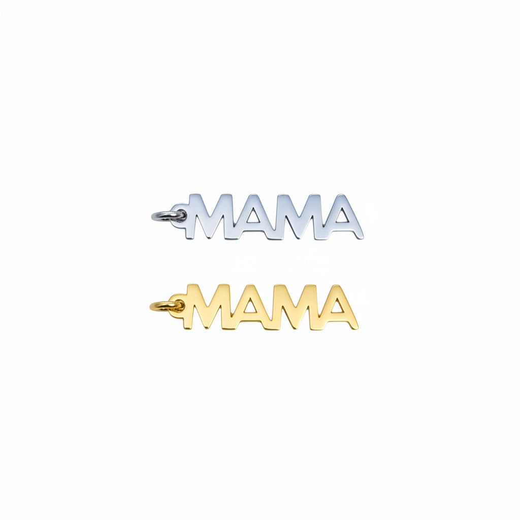 Pair of 'MAMA' charms on a white background