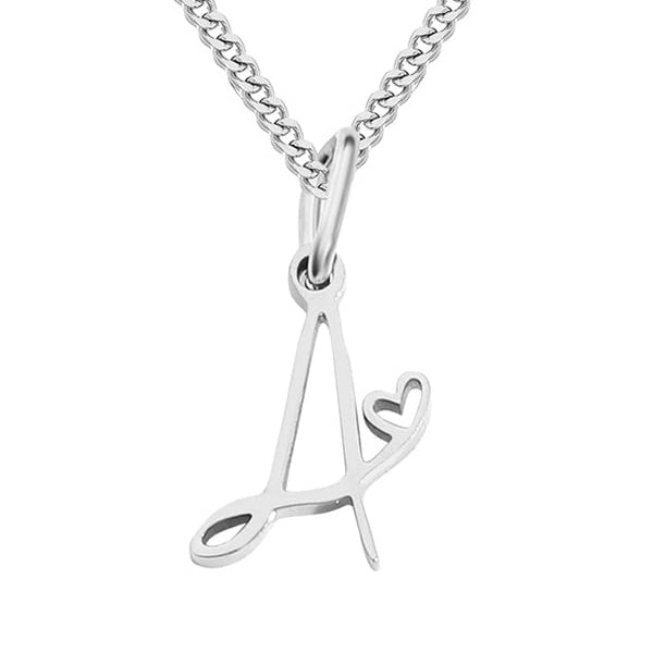 Silver necklace with a pendant shaped like the letter 'A' on a white background
