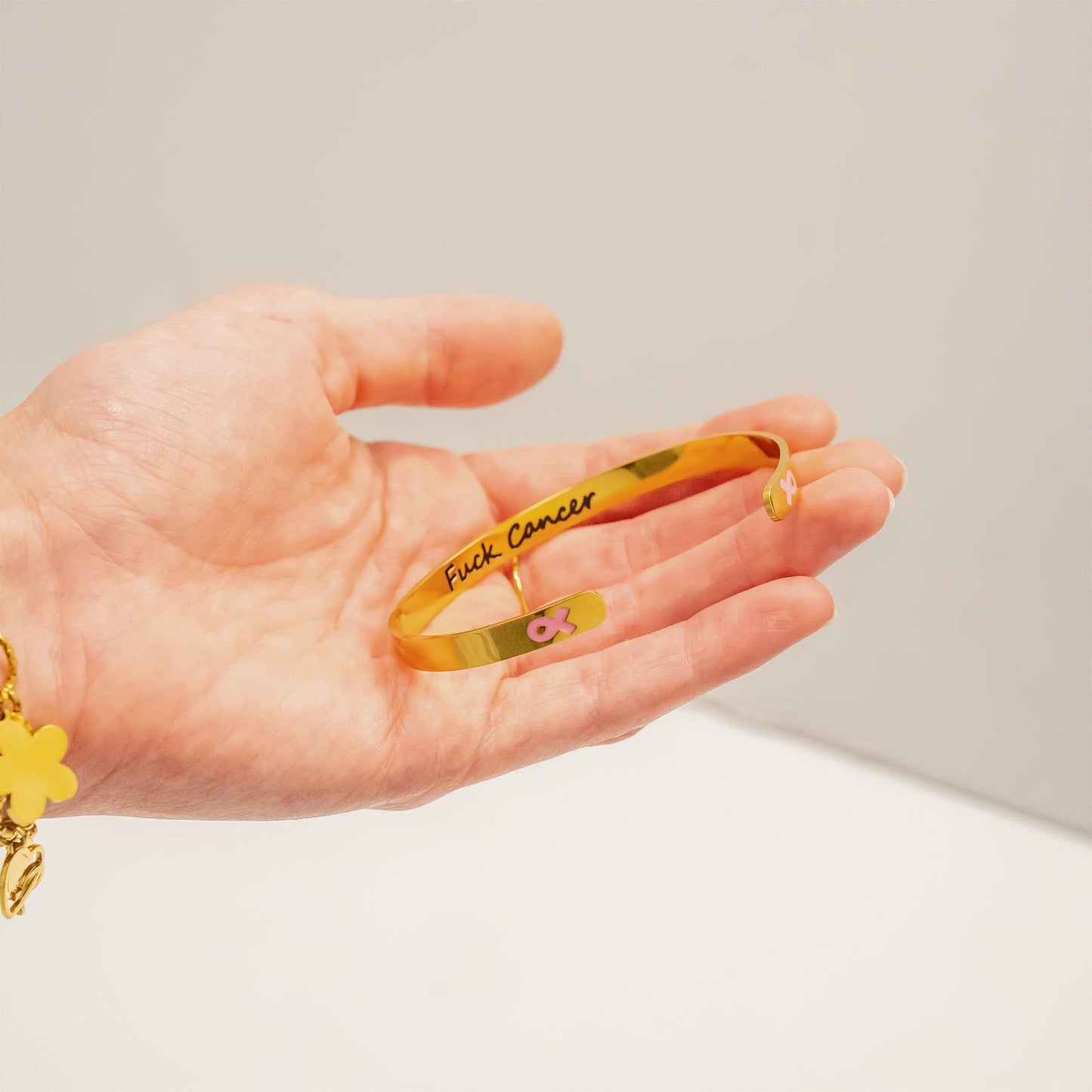 18K Gold PVD Stainless Steel Adjustable Bangle F*ck Cancer