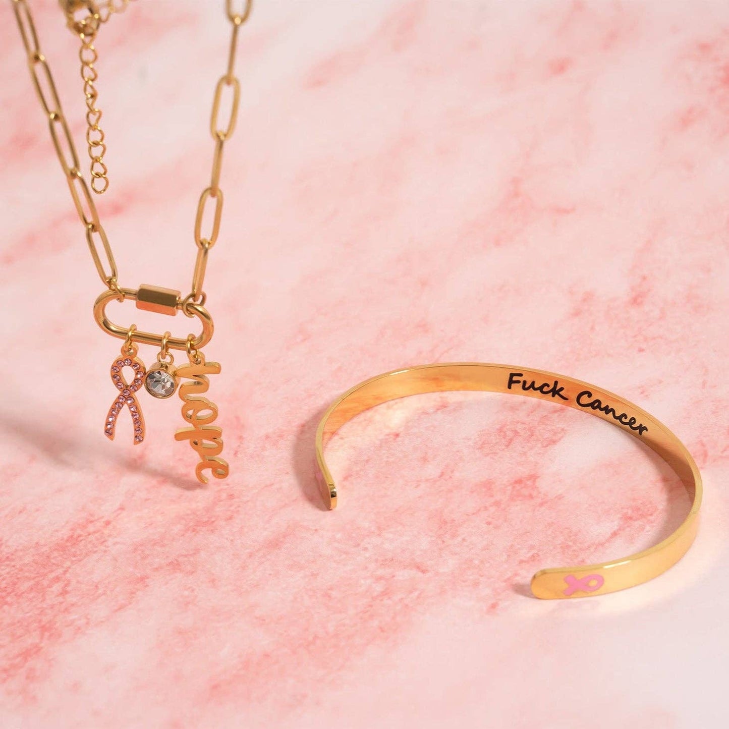 18K Gold PVD Stainless Steel Adjustable Bangle F*ck Cancer