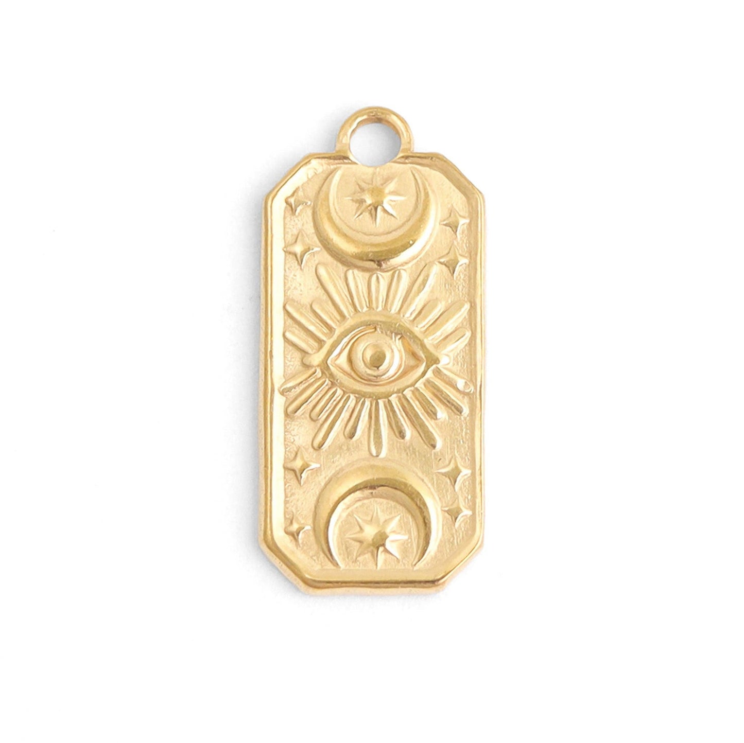 Gold pendant with sun, moon, and eye designs on a white background
