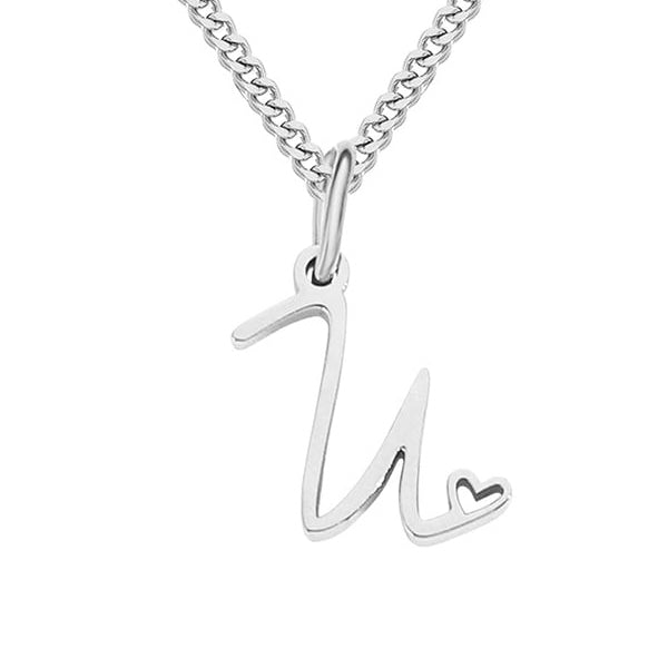Silver necklace with a pendant shaped like the letter 'N' on a white background
