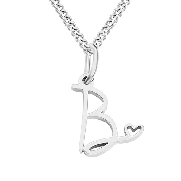 Silver necklace with a letter 'B' pendant on a white background
