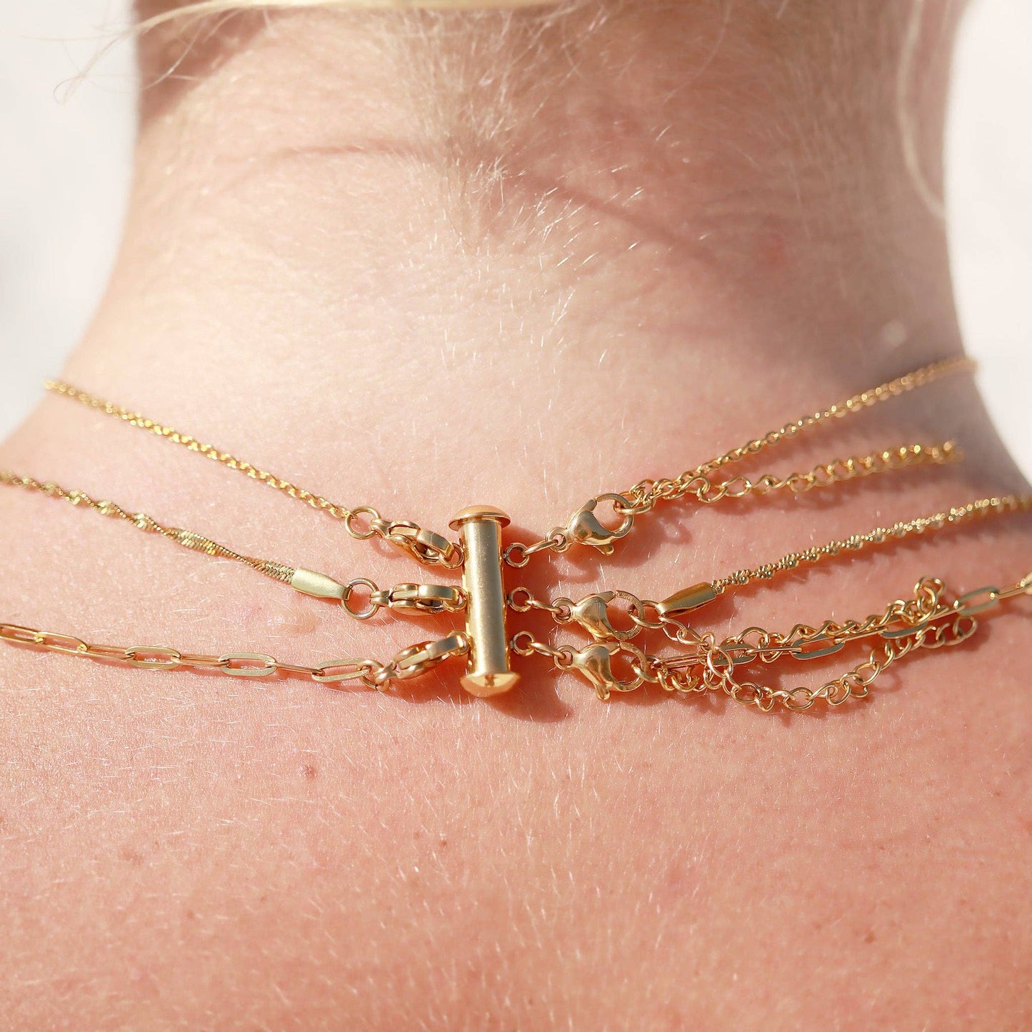 18K Gold PVD Stainless Steel 3 Row Layering Necklace Magnetic Clasp: Stainless