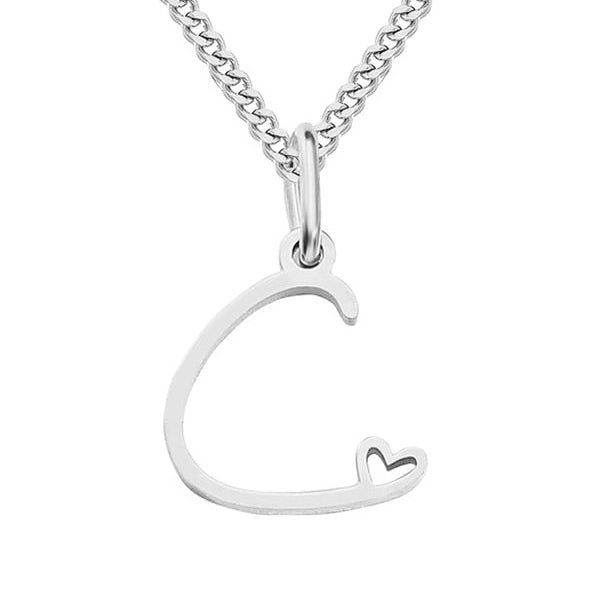 Silver heart-shaped pendant on a chain against a white background