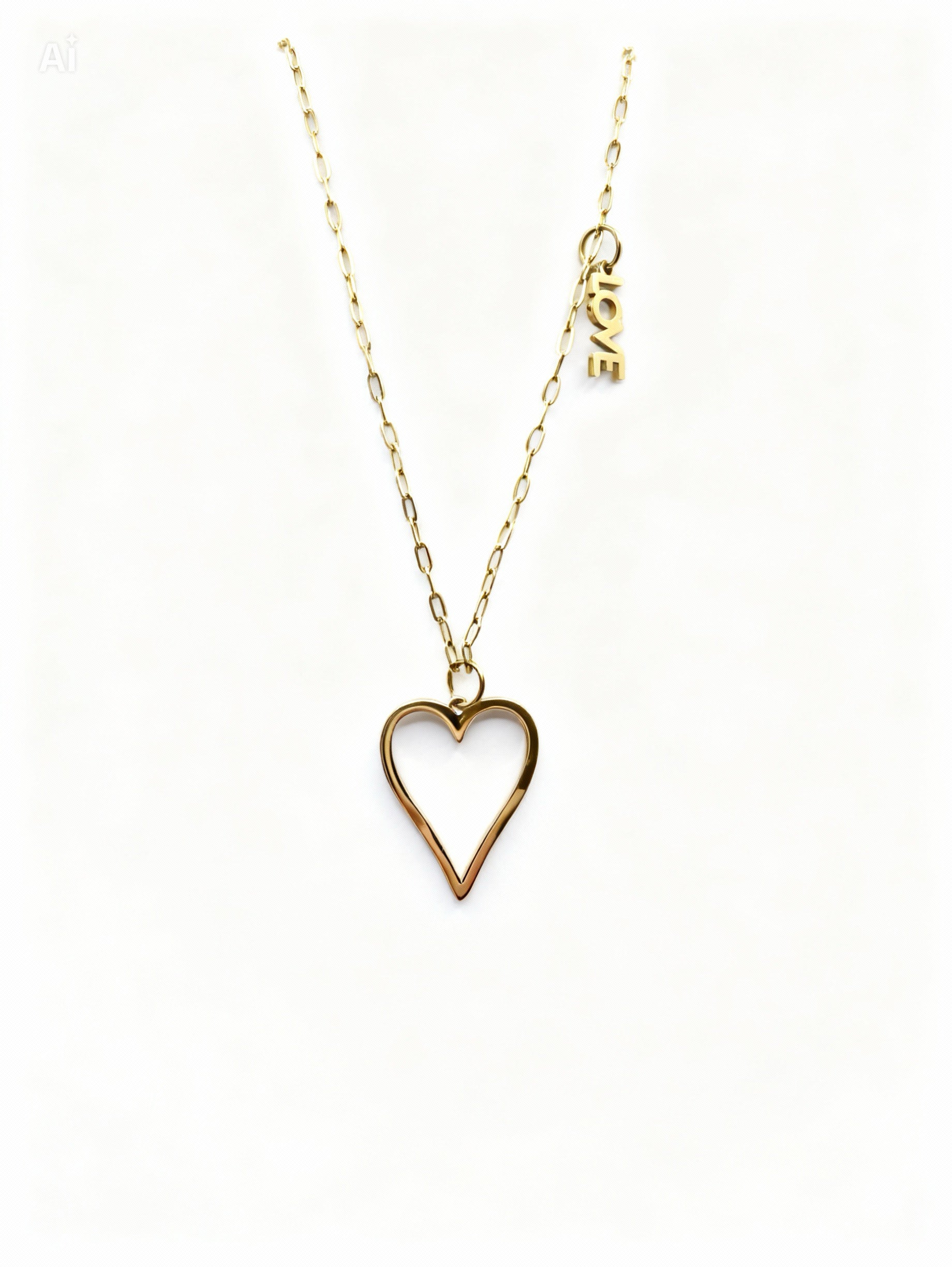 Gold heart-shaped pendant necklace on a white background
