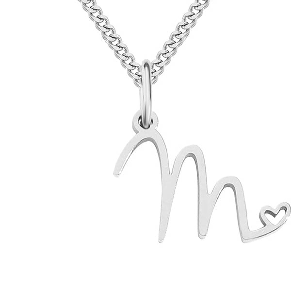 Silver necklace with a 'M' pendant on a white background