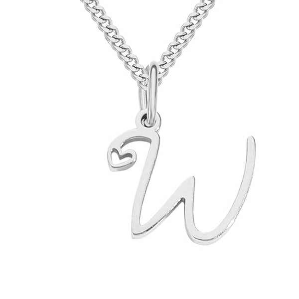 Silver necklace with a 'W' pendant on a white background